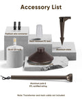 Accessory list for Low Voltage Landscape Lighting 12 Pack Aluminum 12V Pathway Lights With G4 Bulbs Waterproof Oil Rubbed Bronze Finish Outdoor Walkway Garden Lights showing connectors, G4 bulb, shade, stake, and pole.