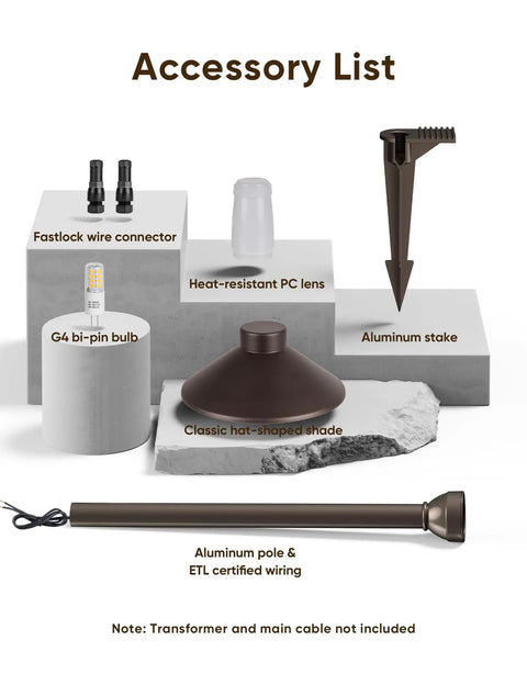 Accessory list for Low Voltage Landscape Lighting 12 Pack Aluminum 12V Pathway Lights With G4 Bulbs Waterproof Oil Rubbed Bronze Finish Outdoor Walkway Garden Lights showing connectors, G4 bulb, shade, stake, and pole.