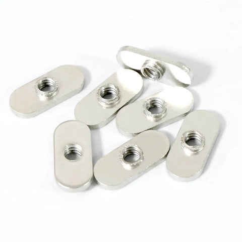 Image of a Twenty Pack One Quarter Inch Twenty Centered Hole Sliding T Nuts for 10 Series T Track Extrusions, nickel-plated steel.