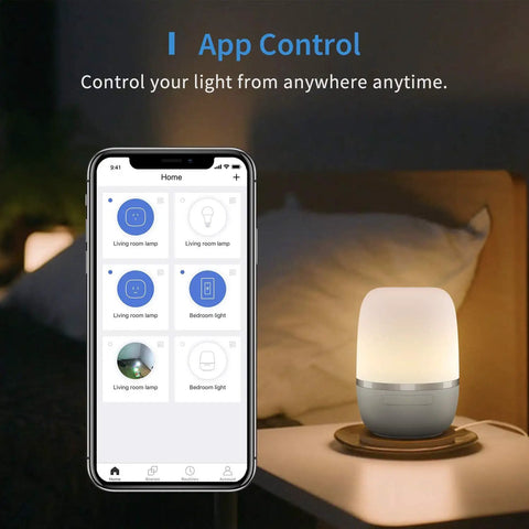 App showing Smart WiFi Table Lamp For Bedroom With Voice Control And App Scheduling Works With HomeKit Siri Alexa Google Assistant SmartThings Multicolor Night Light Remote Control on bedside.