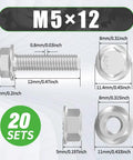 Premium M5x12mm Flange Hex Bolts And Nuts Kit Featuring 304 Stainless Steel Metric Screws 20 Pack dimensions and details.