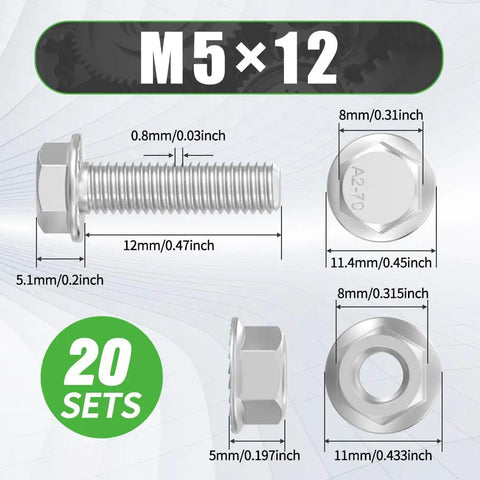 Premium M5x12mm Flange Hex Bolts And Nuts Kit Featuring 304 Stainless Steel Metric Screws 20 Pack dimensions and details.