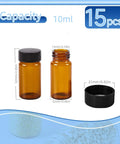 15 Piece Kit Of 10Ml Amber Glass Sample Vials With Black Screw Caps And Pe Liners, 0.34 Oz Tiny Travel Flasks For Essential Oils Perfume Lab Reagents Zero Sweat Spills Badass Reliable Build, two vials and a cap shown.