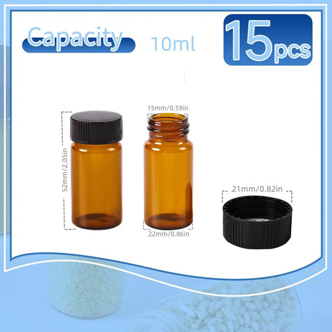 15 Piece Kit Of 10Ml Amber Glass Sample Vials With Black Screw Caps And Pe Liners, 0.34 Oz Tiny Travel Flasks For Essential Oils Perfume Lab Reagents Zero Sweat Spills Badass Reliable Build, two vials and a cap shown.
