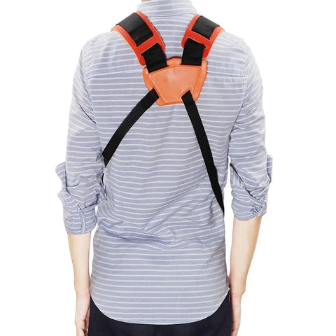 Person wearing Universal Shoulder Strap Trimmer Harness Kit For String Trimmers Weedeaters And Brush Cutters All Day Comfort