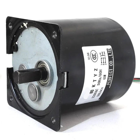 60W 220V AC Permanent Magnet Synchronous Motor with Low Speed Gearbox, visible front view showing labels and connectors