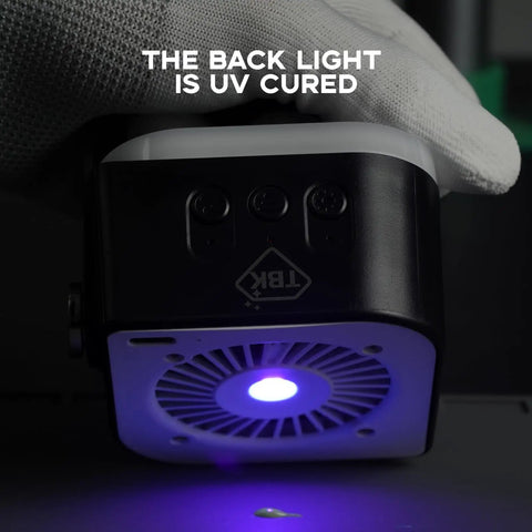 Mini Solder Fume Extractor with 3 Speed Settings and 10000RPM Brushless Motor, UV cured light highlighted on desktop.