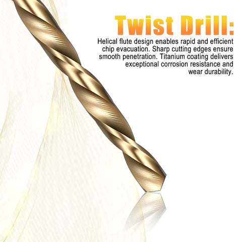 Close-up of Pro Grade 4 Piece Metric Tap And Drill Bit Set twist drill bit with titanium coating, helical flute for precision threading.