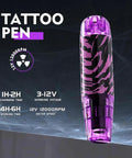 Wireless Tattoo Pen Kit For Beginners With 10 Needles And 7 Ink Colors, showing purple cordless pen with specs overlay.