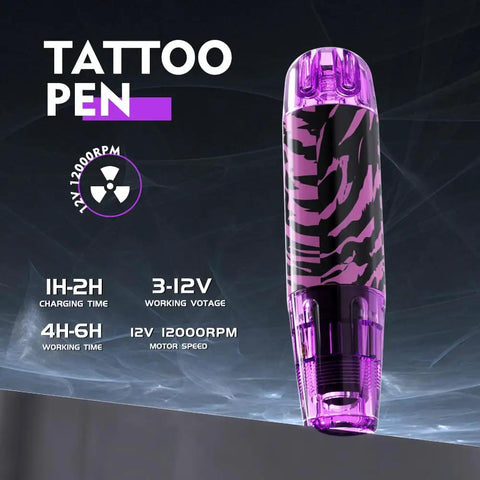 Wireless Tattoo Pen Kit For Beginners With 10 Needles And 7 Ink Colors, showing purple cordless pen with specs overlay.