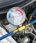 R134A Car Air Conditioning Refrigerant Charge Hose Kit with gauge attached for quick vehicle refrigerant recharge in engine bay