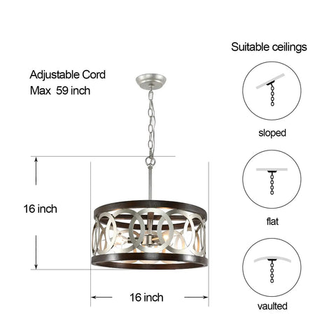 Three Light Wood Drum Chandelier In Brushed Nickel Finish With Dope Modern Farmhouse Vibe, Rustic Silver Chrome design diagram