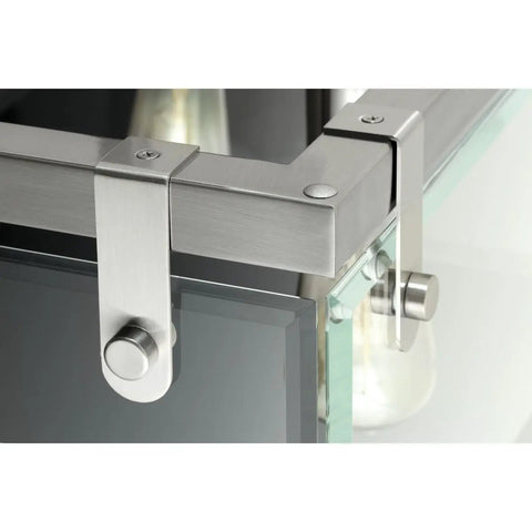 Close-up of Brushed Nickel frame with glass on Glayse Collection 3-Light Clear Glass Luxe Bath Vanity Light, sleek modern fixture detail