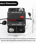 Built Tough 50A Circuit Breaker With Manual Reset Inline Power Switch dimensions showing waterproof design, 2.91in by 1.91in size.