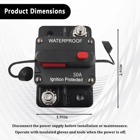 Built Tough 50A Circuit Breaker With Manual Reset Inline Power Switch dimensions showing waterproof design, 2.91in by 1.91in size.