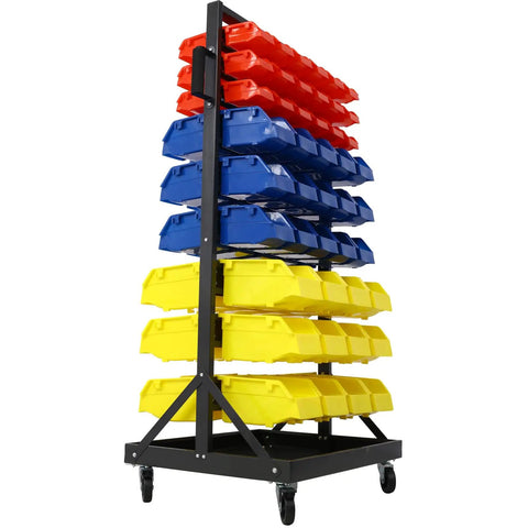 Side view of Dual-Sided 9-Tier Rolling Steel Bin Rack With 90 Plastic Bins On Wheels, Heavy-Duty Garage Storage Organizer, 450 Lbs Capacity