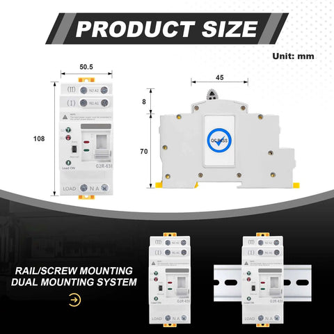 63Amp 110V AC Mini ATS Auto And Manual Transfer Switch 2 Pole G2R Dual Power Changeover size chart and mounting details