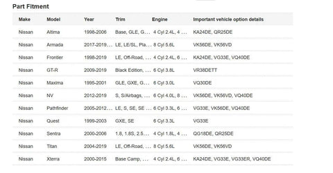 Nissan Genuine OEM Catalog Part Beige Color Vehicle Specific Authentic Factory Part 15208-9E01A fitment chart for various models
