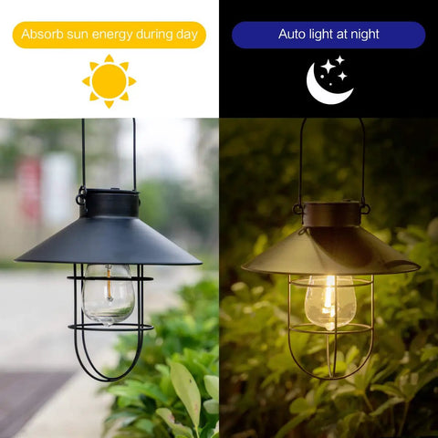 2 Pack Solar Metal Hanging Lanterns With Shepherd Hooks for LED Garden Lighting showing day absorption and night light