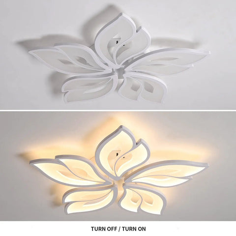 Flower Shaped Ceiling Light Dimmable Modern Ceiling Lamp With Remote Control LED Fixture, white five petals, off and on view