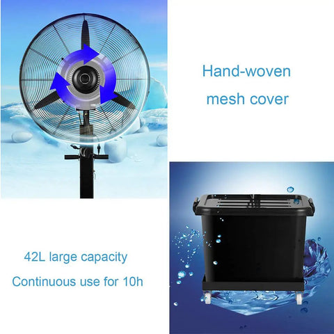 Heavy Duty Misting Floor Fan With Adjustable Height And Three Speed Settings To Crush The Summer Heat With Wide Angle Rotation. 42L capacity.
