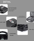 Detail view of the 10-in-1 breakfast maker features including nonstick plates, indicator lights, and cool touch handle for easy use.