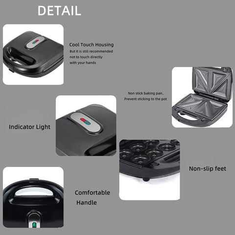 Detail view of the 10-in-1 breakfast maker features including nonstick plates, indicator lights, and cool touch handle for easy use.