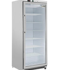 Chill Out In Style 21 Cu Ft Commercial Freezer With Glass Door, white finish, displaying empty shelves for frozen goods.