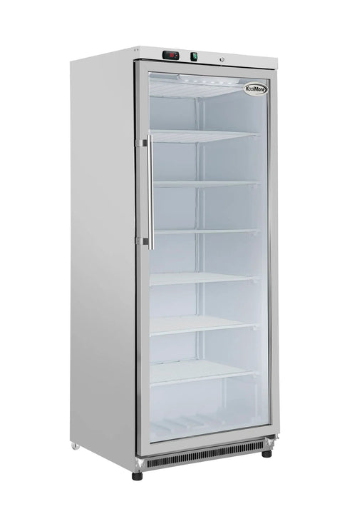 Chill Out In Style 21 Cu Ft Commercial Freezer With Glass Door, white finish, displaying empty shelves for frozen goods.