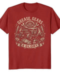 Vintage Engineer T-Shirt With Retro Hot Rod Emblems Gear And Grease Designs Perfect Gift For Auto Mechanics showcasing red tee with engine graphics.