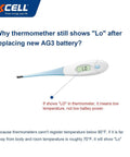 Rock Solid AG3 LR41 392 Button Battery Delivers Dead Reliable 1.5V Alkaline Power in thermometer showing low temperature reading.