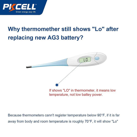 Rock Solid AG3 LR41 392 Button Battery Delivers Dead Reliable 1.5V Alkaline Power in thermometer showing low temperature reading.