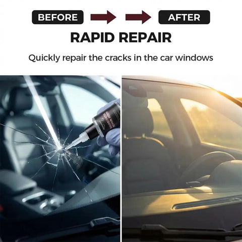 Before and after using Windshield Crack Repair Kit For Cars And Auto Glass Quick Fix Liquid Chip Repair; visible cracked and repaired windshield.