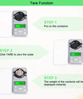 Pocket Milligram Scale With 50G Capacity And 0.001G Resolution Digital LCD Display showing tare function steps