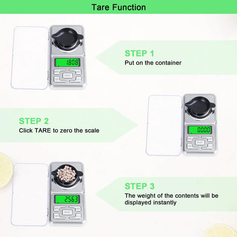 Pocket Milligram Scale With 50G Capacity And 0.001G Resolution Digital LCD Display showing tare function steps