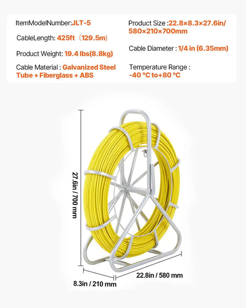 Fiberglass Fish Tape One Quarter Inch By 425 Feet Heavy Duty Duct Rodder Wire Puller Cable Running Rod With Steel Reel Stand Yellow