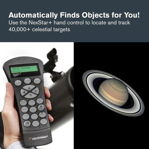 NexStar 130SLT Computerized Telescope With 130mm Aperture showing hand control and Saturn view.