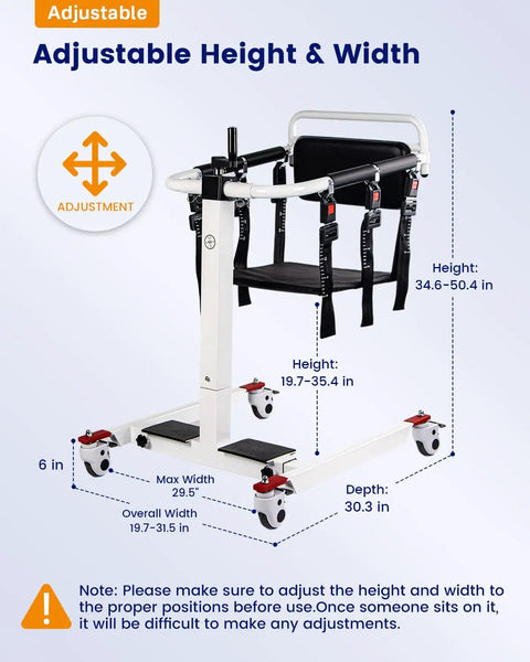 Smooth Ride Transfer Chair For Seniors With Sit To Stand Assist Handles, Patient Lift Wheelchair showcasing adjustable height and width.