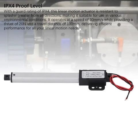 Powerful Mini Motion Actuator With 100mm Stroke And 20N Thrust For Home Automation Projects, Robotic Arms, And Cabinet Doors Running Smooth On AC 24V Power, IPX4 rated, compact design.