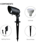 Components of Low Voltage 4W LED Landscape Lights 8 Pack including fixture, LED bulb, and ground stake