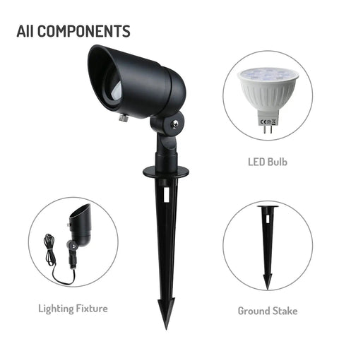 Components of Low Voltage 4W LED Landscape Lights 8 Pack including fixture, LED bulb, and ground stake
