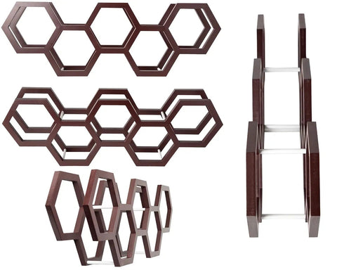 Honeycomb Floating Toilet Paper Holder And Wall Mounted Shelf In Dark Brown Paulownia Wood side and front views