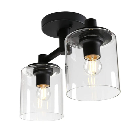 2-Light Industrial Glass Shade Semi Flush Mount Ceiling Fixture For Hallways, Kitchens, Lofts, And Bars - Dope Vintage Modern Chandelier Style