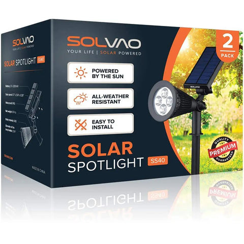 Ultra Bright Solar Spotlight 2 Pack with All Weather Waterproof Design, Auto On Off Sensor, product box and spotlight