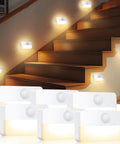 Six Pack Mini Motion Sensor Stair Lights Battery Powered Night Lights illuminating indoor stairs, 40 Lumen 3000K LED, motion activated safe lighting.