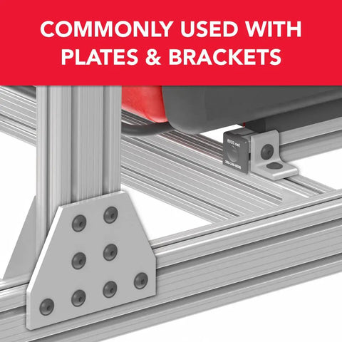 Centered Slide-In Stainless Steel T Nuts for 1.5 Inch 80/20 Aluminum Extrusions with plates and brackets in use.