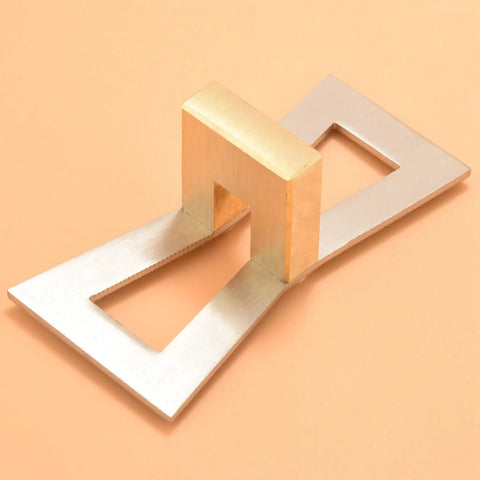 Top Tier Dovetail Marker And Joinery Guide With Dead Accurate Scale Marks, Sweet 1 To 8 Ratios For Effortless Hand Cut Wood Joints, Slick Silver Template side view on peach background.