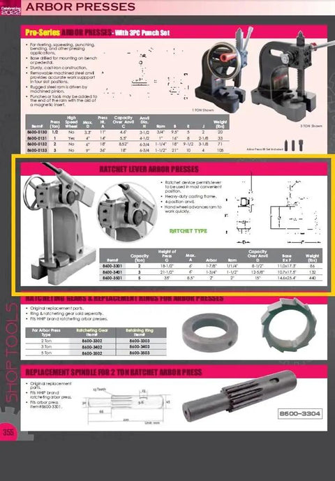 Beefy 5 Ton Ratchet Arbor Press With Heavy Duty Cast Frame 4 Position Anvil Quick Ram Hand Wheel 35 Inch Height 17 Inch Work Diameter 2 Inch Arbor 440 Lb Capacity For Heavy Duty Shop Use displayed in specification sheet.