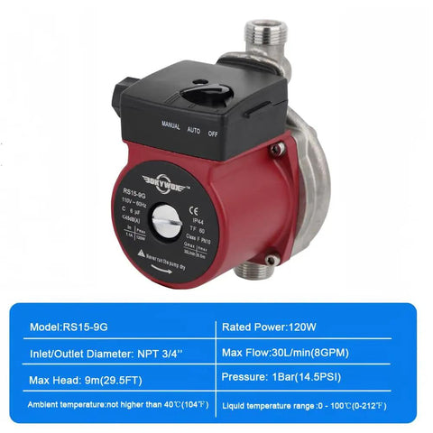 Built Different 110V Automatic Water Booster Pump With 120W Motor And Food Grade Stainless Steel 304 side view with control settings.