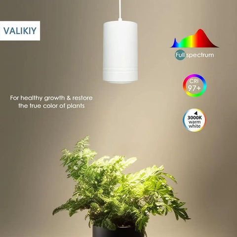 Solid Aluminum Hanging Grow Light For Houseplants 40W Full Spectrum Warm White With Built In Timer 15Ft Fabric Cord Decorative Pendant Lamp illuminating lush ferns.
